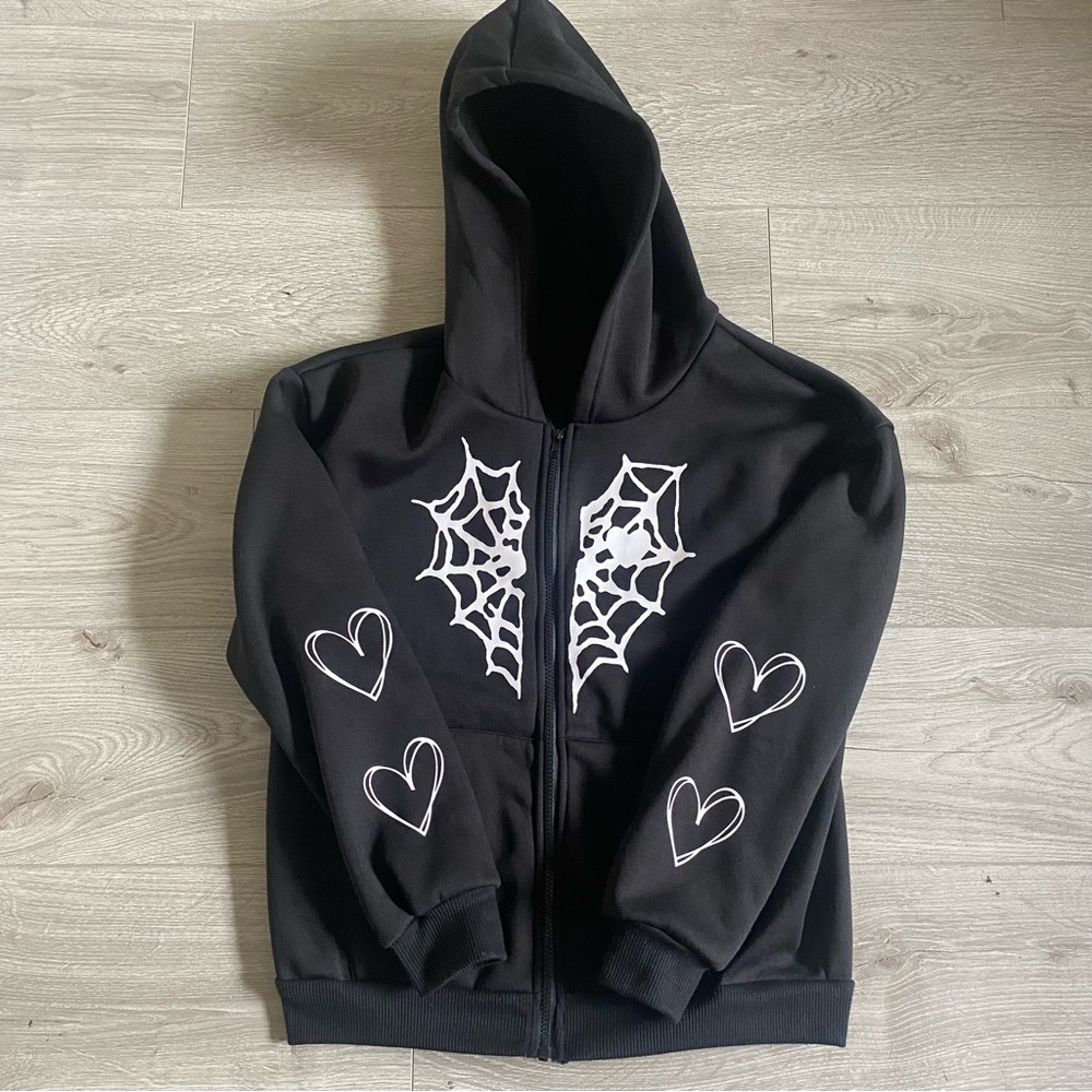 Black SpiderWeb/Heart Zip Up Hoodie